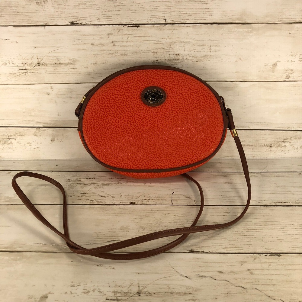 Perry Ellis‎ America Orange Pebbled Crossbody Bag Oval Camera Purse Brown Trim